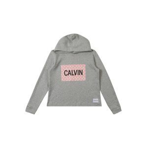 Calvin Klein Jeans Svetr 'MINI FLOWER CALVIN BOXY HOODIE'  šedý melír / růžová